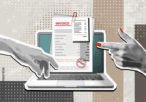 Trendy Halftone Collage Online digital invoice on screen laptop with bills. Template for banner, poster, social media and ads. Vector illustration. Contemporary art. Vector