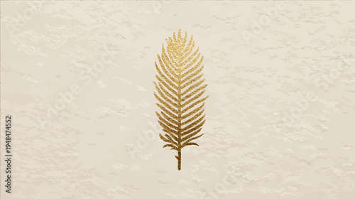 A textured gold feather, centered on a mottled off-white background