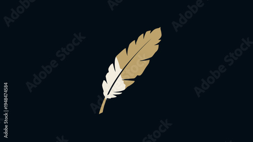 A single abstract feather rendered with gold and white against a navy-blue background