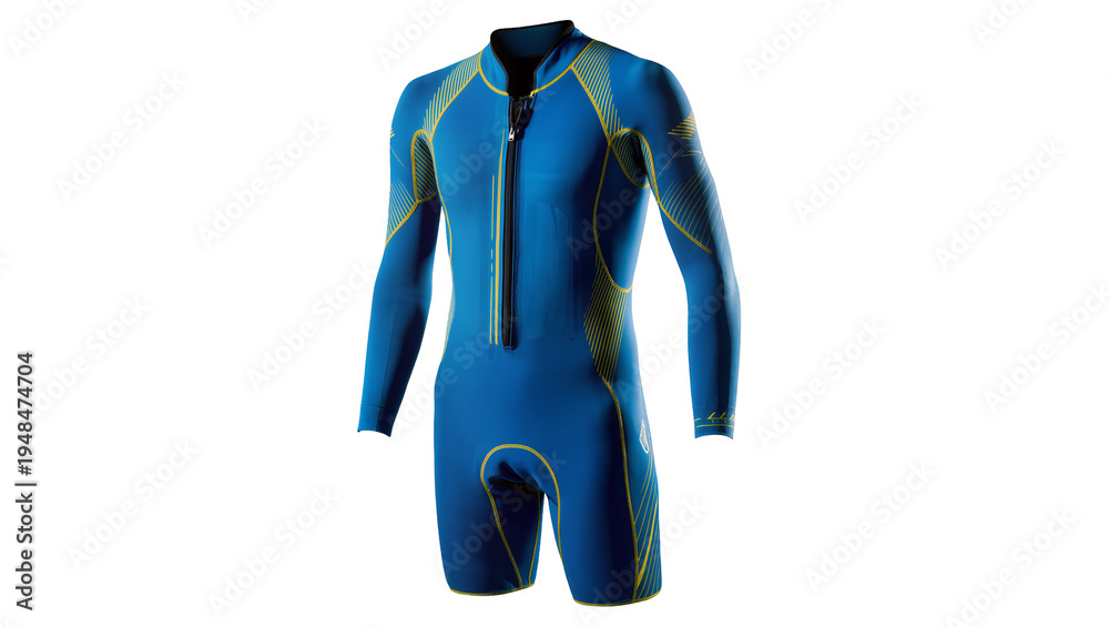 Αυτοκόλλητο Professional blue and yellow shorty wetsuit for swimming and diving, isolated on