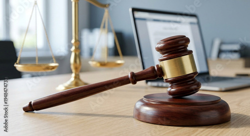 Close-Up of Legal Office Desk with Gavel and Scales, Corporate Law Department and Legal Blog Editorial