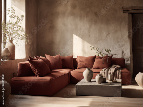 Modern Rustic Living Room with a Terracotta Corner Sofa and Concrete Coffee Table
