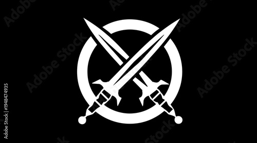 Black and white emblem features crossed swords within a white circle against a solid black backdrop