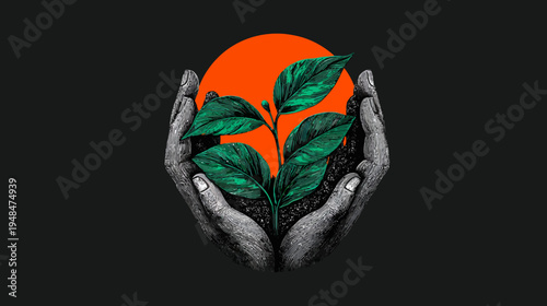 Illustration of a plant growing between two hands against an orange circle, and black background