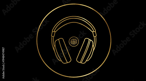 Golden headphones within a circle on black. Minimalist style, decorative design, audio icon
