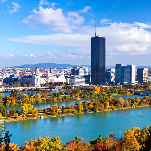 Cityscape view of skyline along a river with fall foliage, under a blue sky dotted with fluffy white clouds