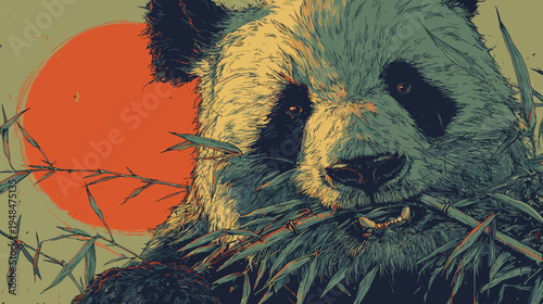 A detailed digital portrait of a panda bear with bamboo and a red sun in the background