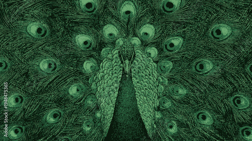 A symmetrical image of a peacock with feathers fanned out in shades of green