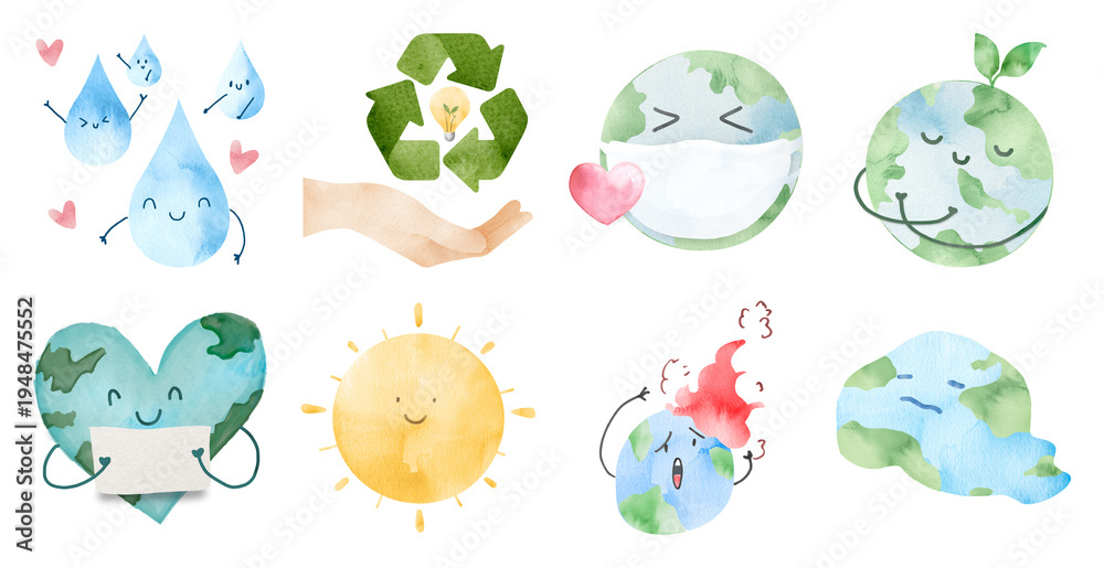 Naklejka premium Watercolor Earth and recycling symbols element set
