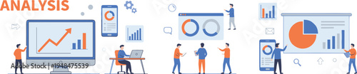 Business data analysis concept with team working on analytics dashboards, charts and reports on desktop and mobile screens, flat vector illustration