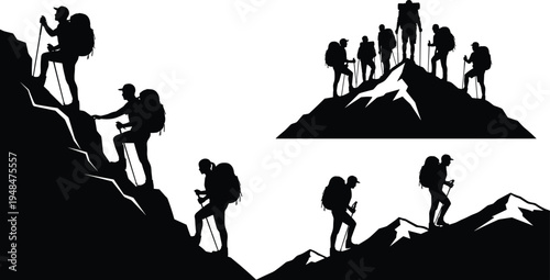 Mountain hikers silhouette set, trekking climbers reaching summit, backpackers hiking adventure vector illustration, outdoor expedition mountaineering concept design