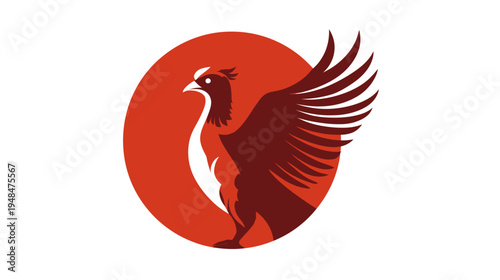 A stylized bird silhouette with outstretched wing, enclosed in a red circle, on a white background