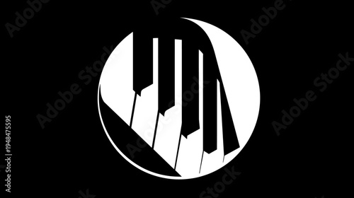 A stark, minimalist emblem with piano keys within a circle against a black background