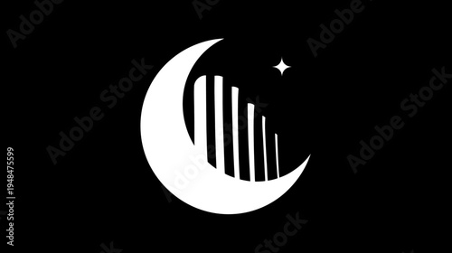 A white crescent moon cradles vertical lines, with a star on a stark black background