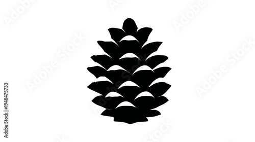 Silhouetted black pinecone on white background. Detailed representation. Isolated, symmetrical shape