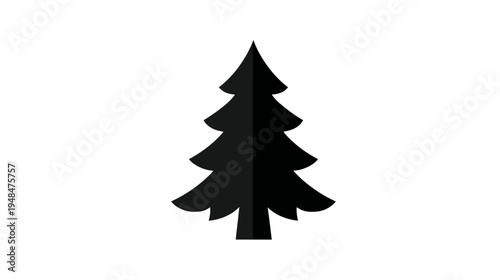 A simple, black silhouette of a pine tree, set against a pristine white background