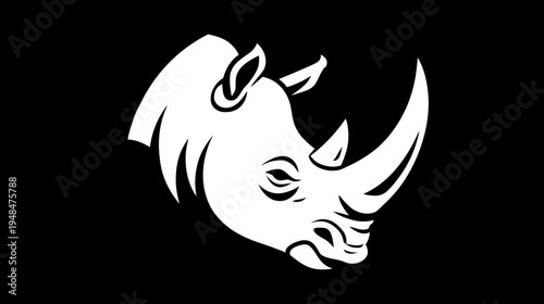 Stylized monochrome illustration of a rhinoceros head and horn on a black background