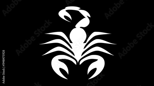 A stark white scorpion, stylized against a solid black backdrop. Symbolic of the Zodiac sign Scorpio