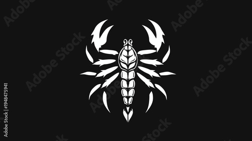 A stylized scorpion in white against a black background. Graphic design featuring sharp lines and geometric forms