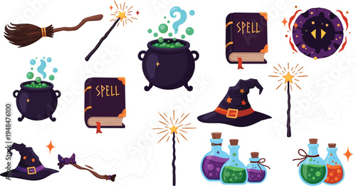 Witchcraft and Wizardry Elements Including Magic Wand, Spell Book, Potion Bottles, Cauldron, and Witch Hat for Fantasy and Halloween Designs.