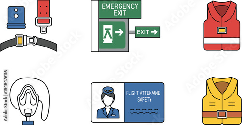 Workplace safety and emergency vector icons featuring safety belt life vest respirator emergency exit sign lifeguard identification card and protective equipment for occupational safety concepts.