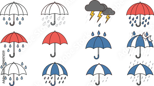 Weather-themed vector illustrations featuring umbrellas, rain, thunderstorms, and varying weather conditions for seasonal designs, forecasts, and weather-related projects.