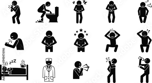 Sick people symptoms icons set, illness and medical condition pictograms, coughing vomiting headache fever healthcare vector illustration collection
