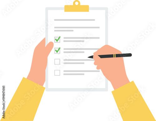 Hands holding clipboard checklist with pen marking completed tasks, task management and productivity planning concept flat vector illustration isolated