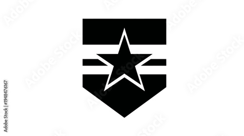 Bold black emblem design featuring a star within a shield, with horizontal bars