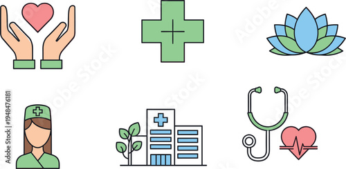 Healthcare and wellness vector icons featuring caring hands heart medical cross nurse hospital building stethoscope heartbeat and lotus symbol for medical health and wellbeing concepts.