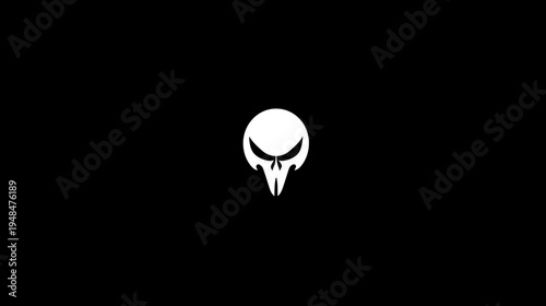 A stark white skull-like emblem set against a solid black backdrop, giving a striking contrast
