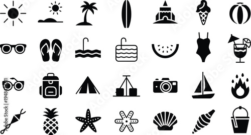Summer beach vacation icons set, travel holiday symbols including sun palm surfboard cocktail camera camping seaside vector collection