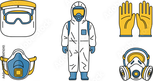 Personal protective equipment (PPE) vector illustrations featuring goggles, gloves, face masks, and protective suits for safety, health, and industrial projects.
