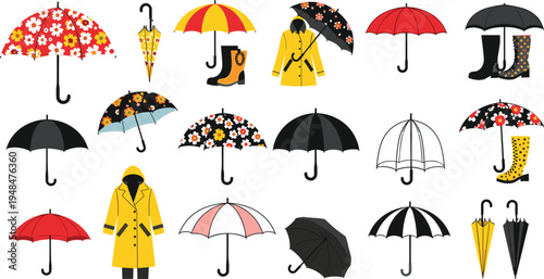 Rainy Day Accessories Collection Featuring Umbrellas, Raincoats, and Boots with Colorful Patterns for Seasonal and Weather Designs.