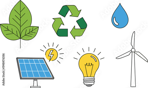 Renewable energy and environmental sustainability vector icons featuring solar panel wind turbine recycling symbol water drop green leaf and energy saving light bulb for eco technology projects.
