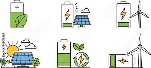 Renewable energy battery vector icons featuring solar panels wind turbines green power storage eco electricity charging and sustainable energy technology concepts for clean power projects.