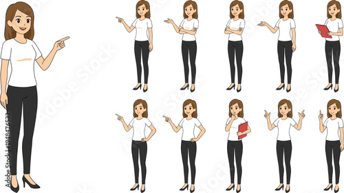 Woman character set with different poses and gestures, pointing, explaining and presenting, female office worker cartoon collection, flat vector illustration isolated