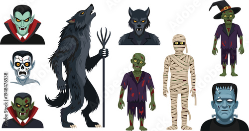 Spooky Halloween Monster Characters Including Dracula, Werewolf, Mummy, Zombie, and Frankenstein for Horror and Fantasy Designs.