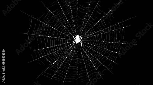 A black and white illustration of a spider perched on its web
