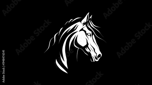 Stylized, monochromatic graphic depicts a horse's head in profile against a black background