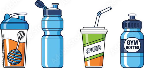 Sports and gym drink bottle vector illustrations featuring shaker bottles, water bottles, sports cups, and gym accessories for fitness, hydration, and active lifestyle projects.