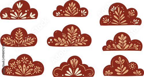 Eight identical brown and gold ornate decorative motifs arranged in three rows on white background