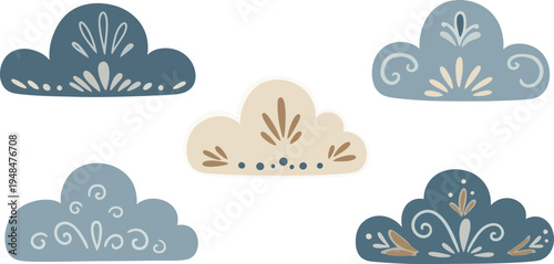 Five hand painted ceramic or porcelain decorative cloud shapes in various blue and beige colors with white and brown details