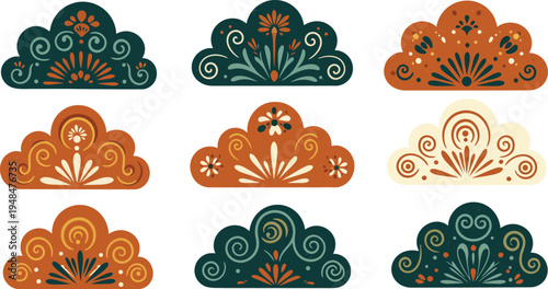 Collection of eight decorative abstract shapes with floral patterns in orange and green hues on white background