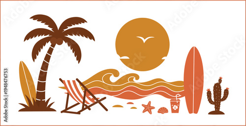 Beach scene with palm tree and surfboard on sandy shore by ocean waves at sunny day with clear blue sky
