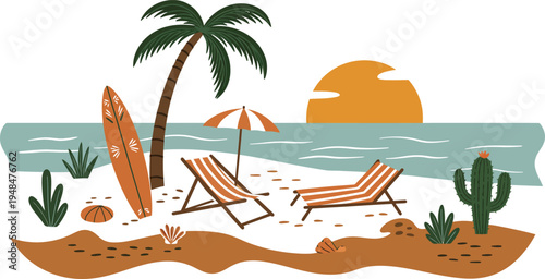 Beach scene with palm tree and lounge chairs on sandy shore by calm ocean water at sunset