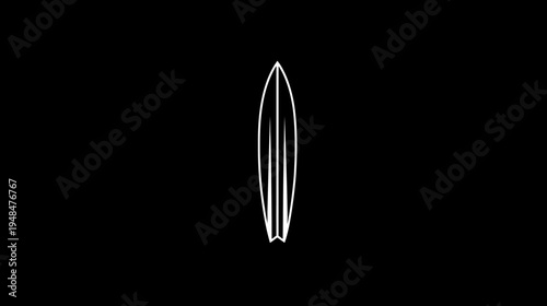 Minimalist illustration of a surfboard silhouette with white outlines on a stark black background
