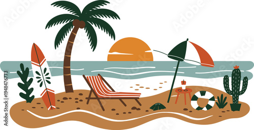 Beach scene with palm tree lounge chair and dog by the ocean at sunset with surfboard and cactus