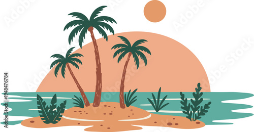 Tropical island with palm trees and sun over the ocean on a sunny day with sandy beach and green plants