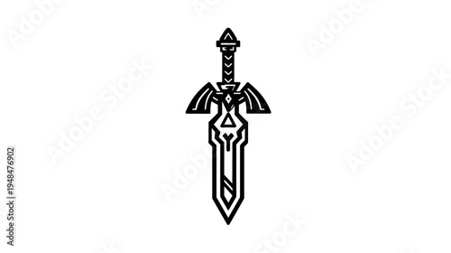 Black and white stylized sword outline with geometric shapes on a white background